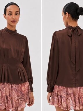 Chocolate Brown Tie-Back Blouse 100% Silk Quiet Luxury Rich Girl